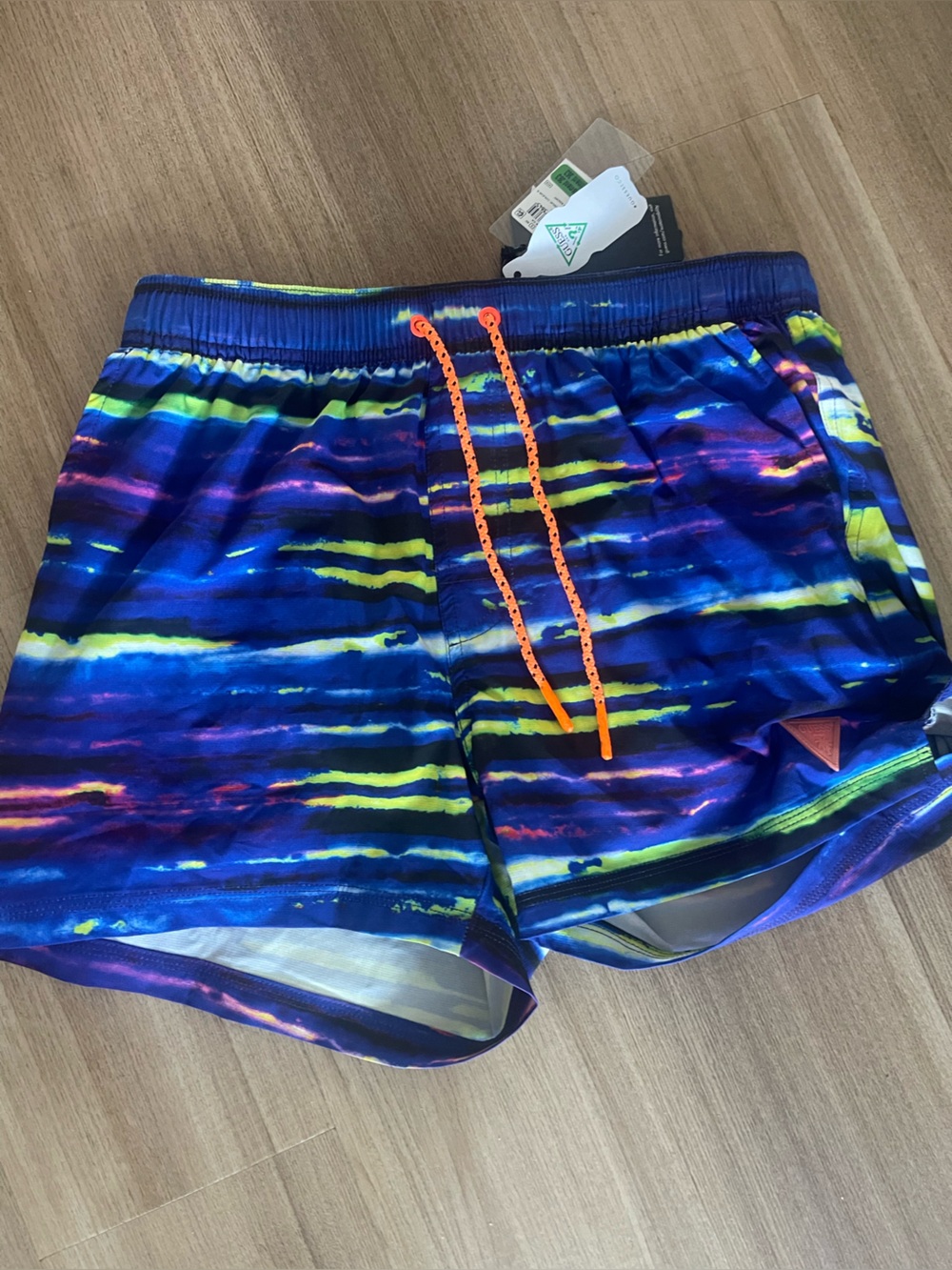NWT Guess Blue with Neon Yellow & Purple Striped Mens swim trunks